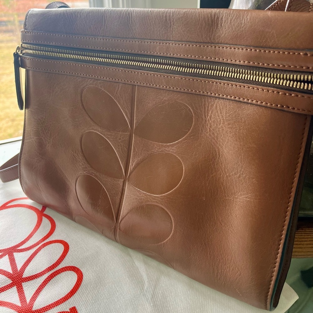 Orla Kiely zippered leather shoulder bag